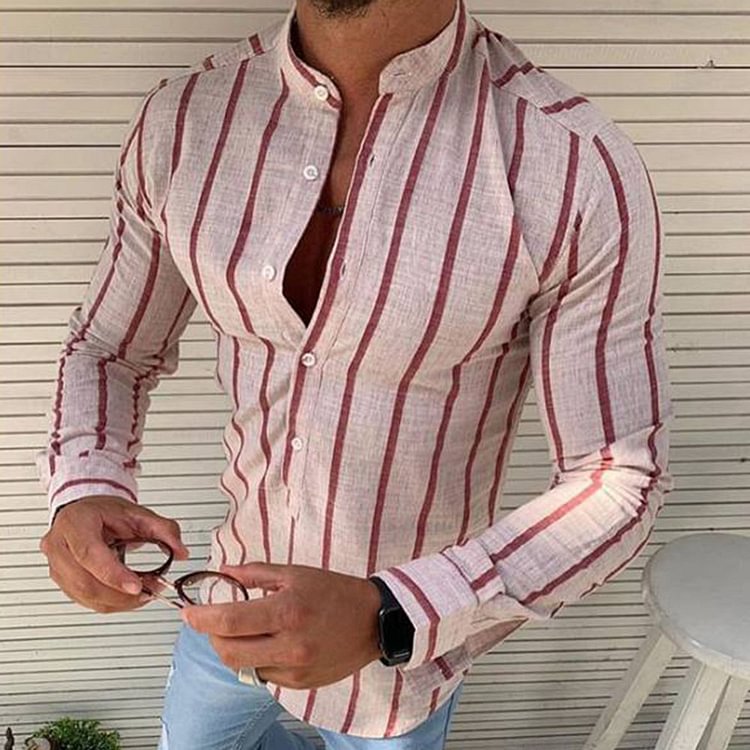 Stripe Button Stand Collar Casual Slim Men's Shirt
