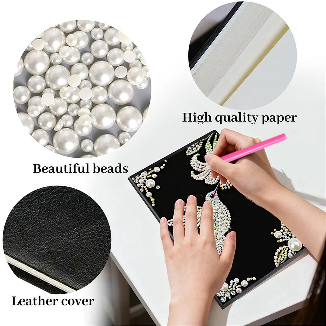 Flowers and Hummingbirds Partial Pearl DIY 50 Pages A5 Diamond Painting Notebook Special Shaped Diamond Art Diary Book Kits Wireless Strip 5D Crystal Art Paintings Sketchbook for Art Drawing