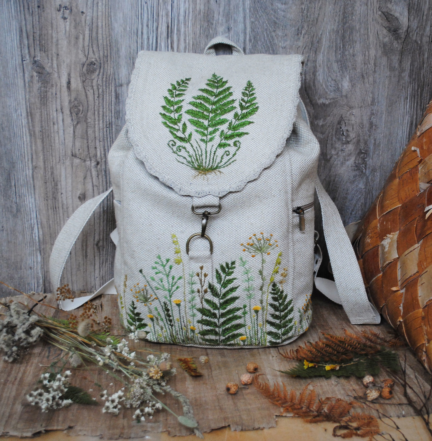Linen backpack " Ferns"