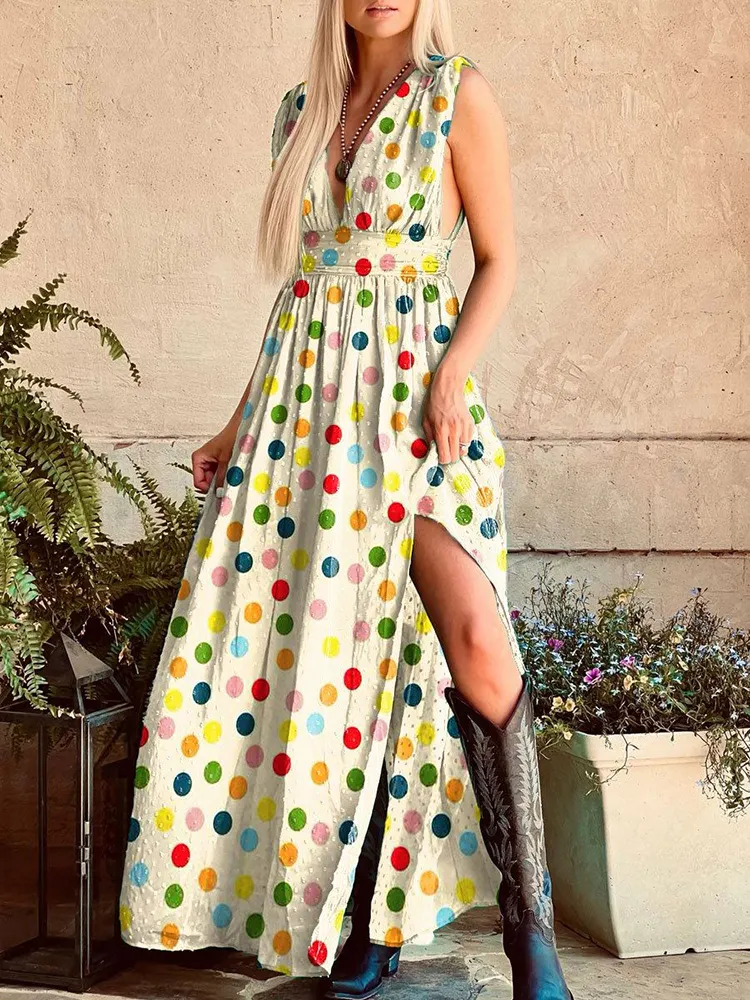 Colorful Polka Dot Print V-Neck Vintage Dress