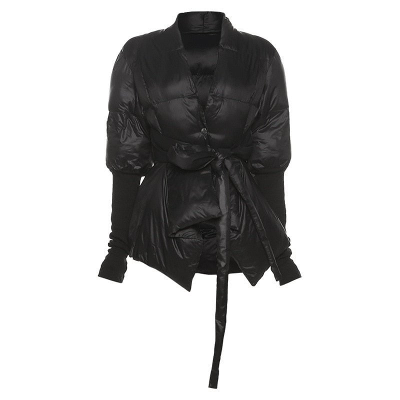 BOOFEENAA Street Fashion Black Belted Puffer Jackets for Women 2021 Outwear Asymmetrical Thick Warm Long Bubble Coat C71-HG50