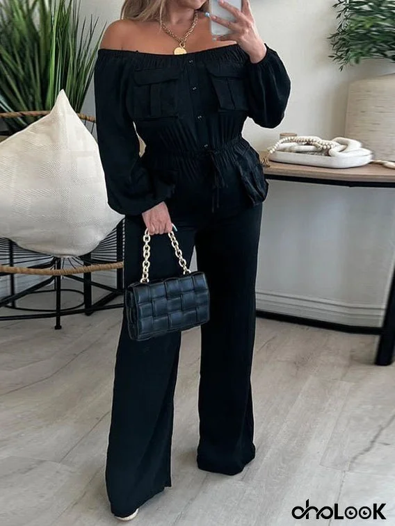 Women's Jumpsuits Solid One Shoulder Long Sleeve Cargo Jumpsuit