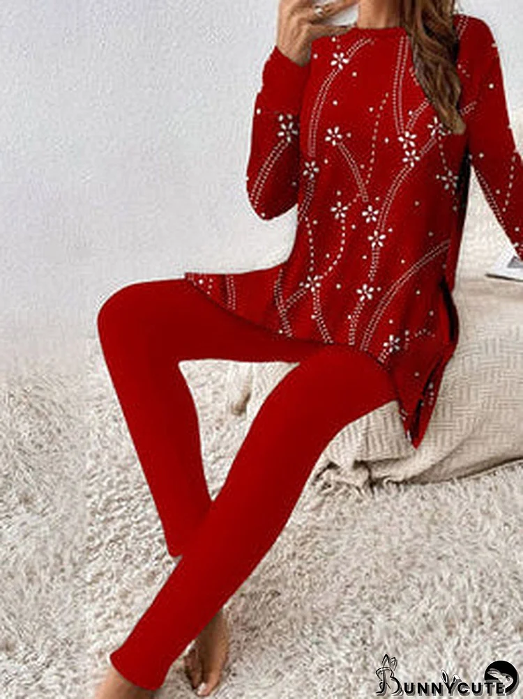 Women Casual Long Sleeve Round Neck Graphic Christmas Two-Piece Set