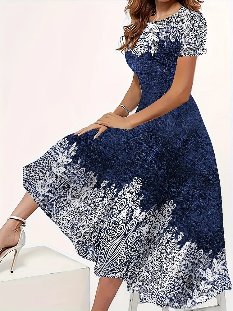 Plus Size Floral Print Maxi Dress - Navy Blue & White Elegant Round Neck Short Sleeve, Fitted Top & Flowy Skirt, Machine Washable All-Season Women's Plus Size Clothing, Nontransparent Fabric