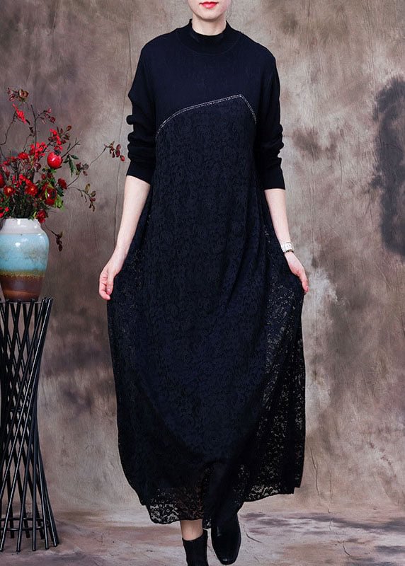 Modern Black Lace Patchwork Knit Long Dress Spring