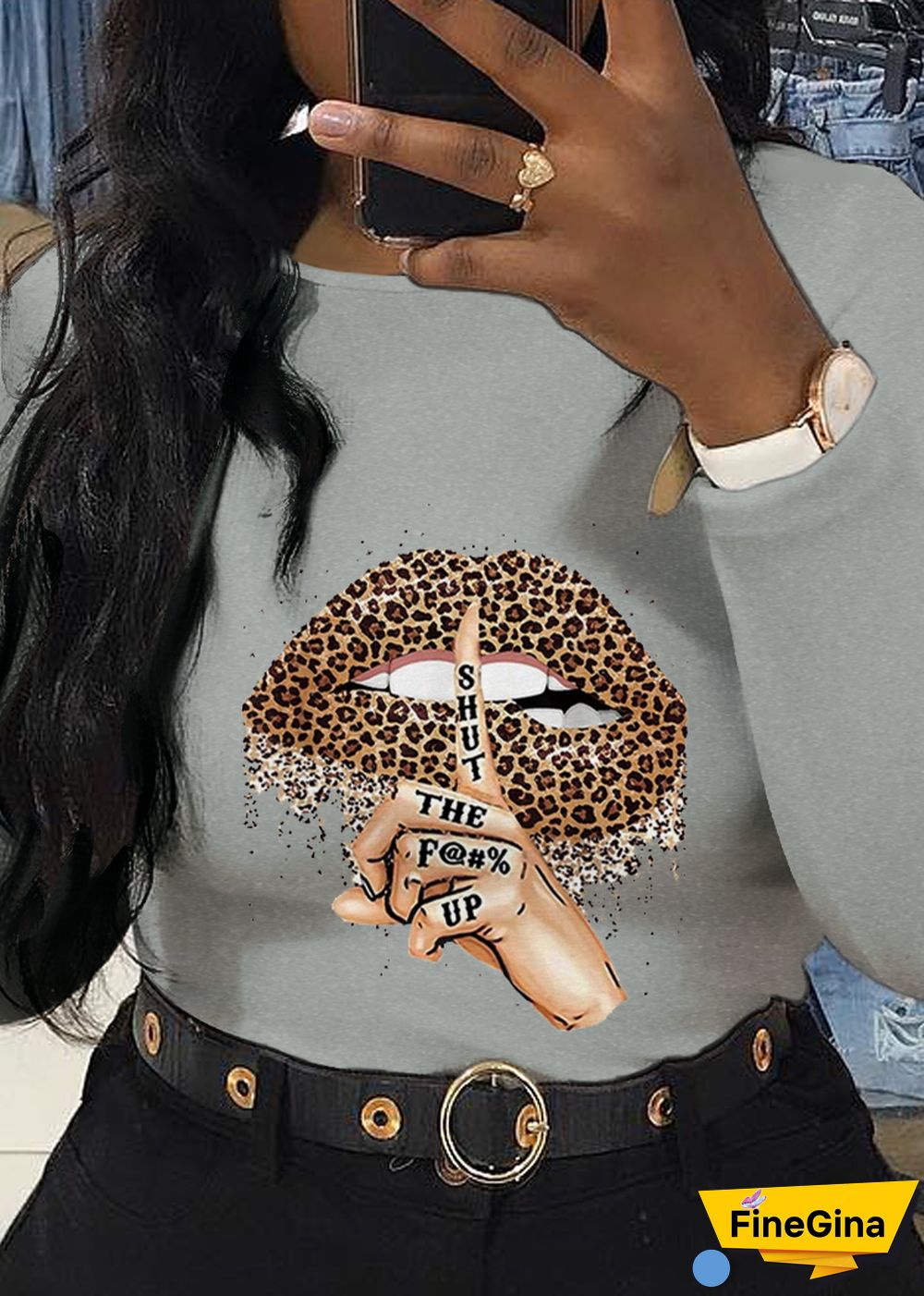 White Street Lips Printed Patchwork O Neck Tops