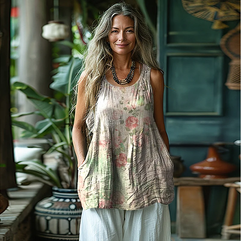 Women's Vintage Floral Patch Cotton And Linen Sleeveless Tank Top
