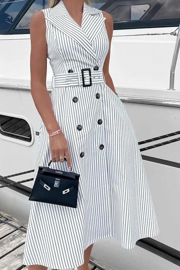 Fashionable Striped V-Neck Sleeveless Midi Dress