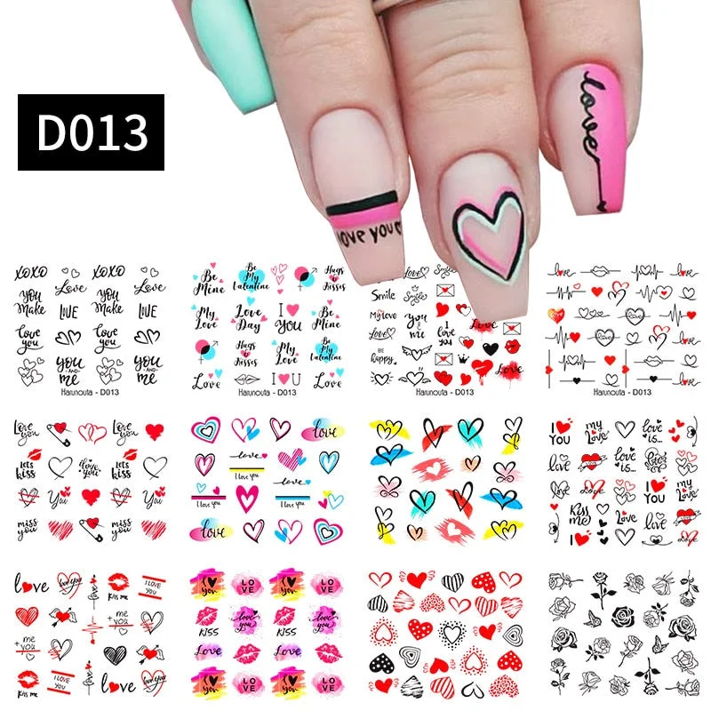 12pcs Valentines Love Letter Water Decals Flower Sliders Nail Stickers for Manicure Nail Art Decoration Transfer Water Sticker-Nail Inspo
