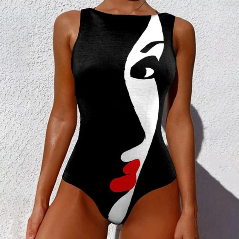 Face Print Summer Sleeveless Swimsuit