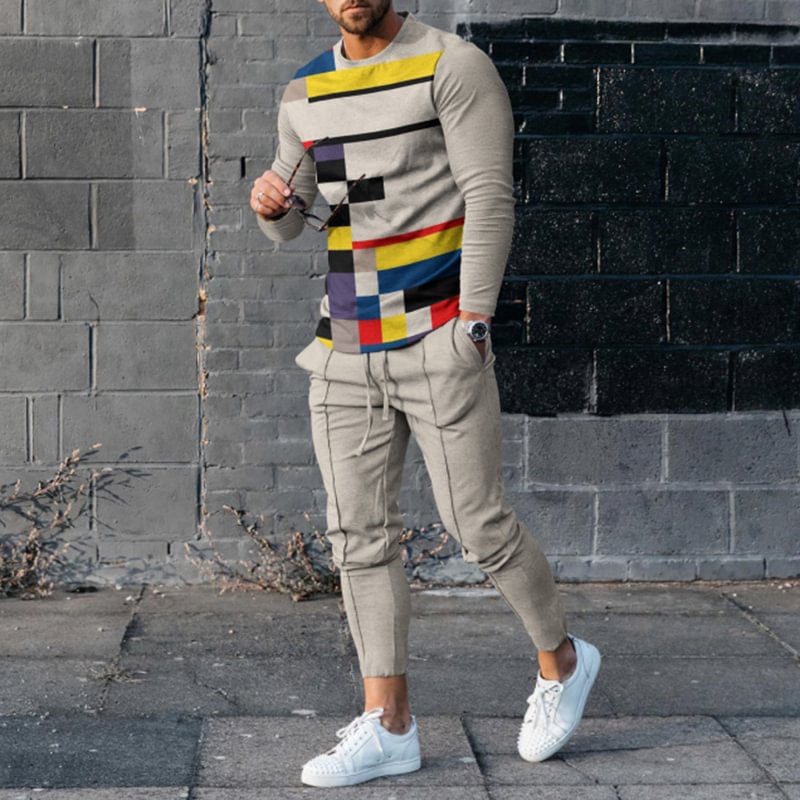 Men'S Abstract Line Casual Long Sleeve T-Shirt And Pants Co-Ord