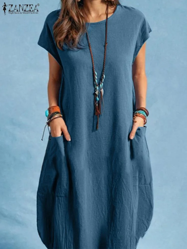 Summer Vintage Short Sleeve Solid Knee-length Dress ZANZEA Oversized Women Sundress Casual Loose Cotton Vestidos Beach Dresses