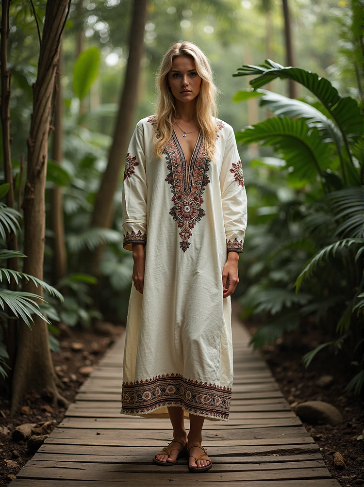 Utbros Vintage Bohemian Tribal Art Embroidery Print Cotton And Linen V Neck Linen Blend Dress
