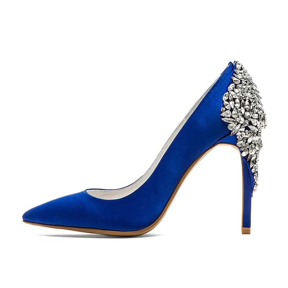 Women's Blue High Heels Pointed Toe Pumps Shoes with Rhinestones