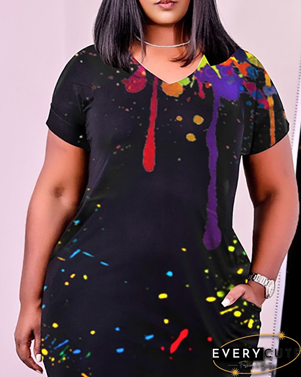 Ink Splash Print Short Sleeve T-shirt Dress