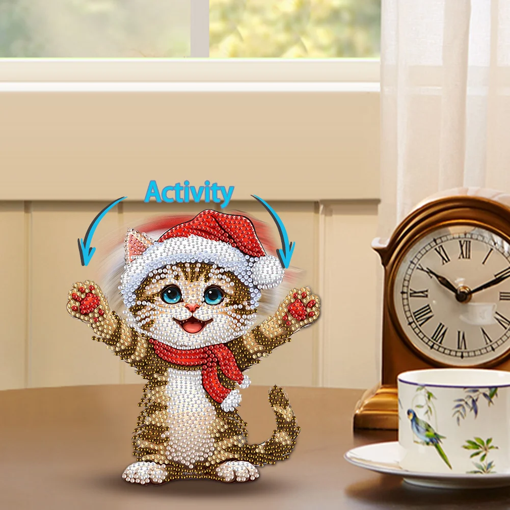 Xmas Acrylic Shaking Head 5D DIY Diamond Art Tabletop Decorations for Home (Cat)