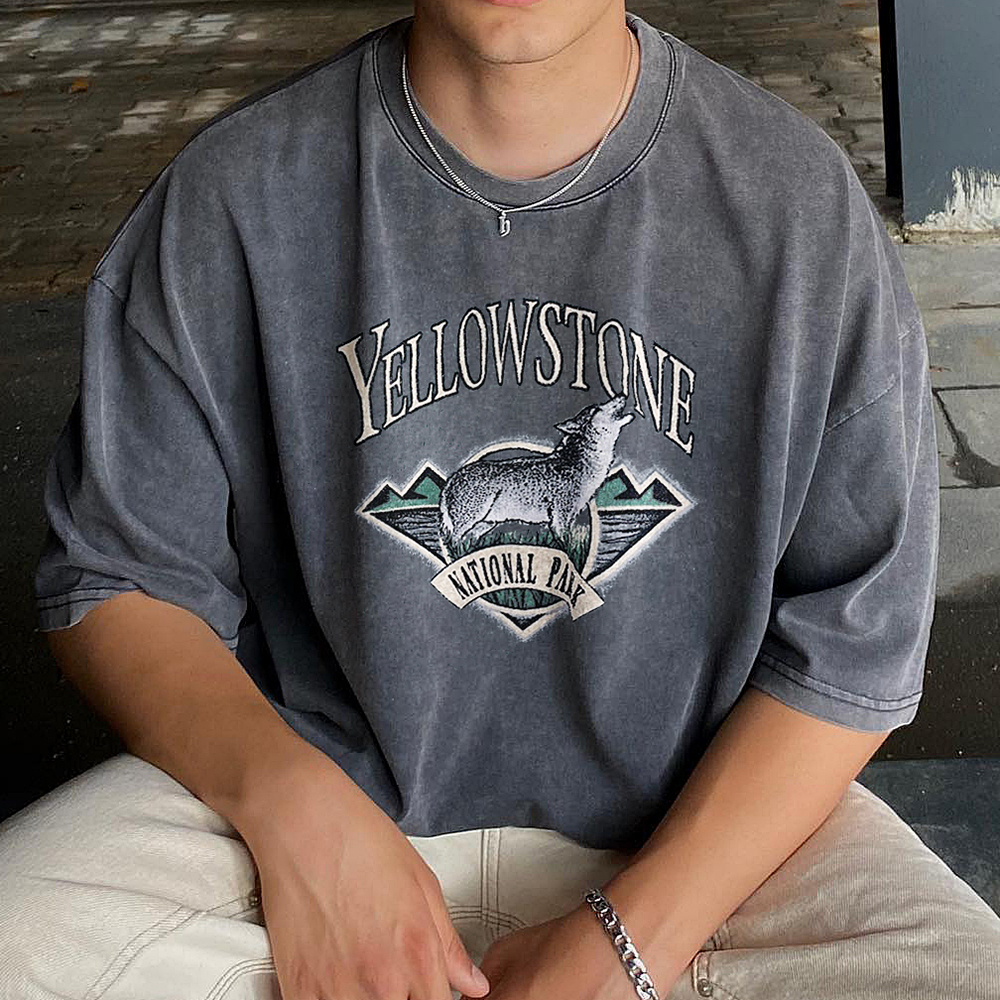 Yellowstone Park Print Unisex Retro Washed T-Shirt Snowflake Batik Washed Distressed Loose T-Shirt