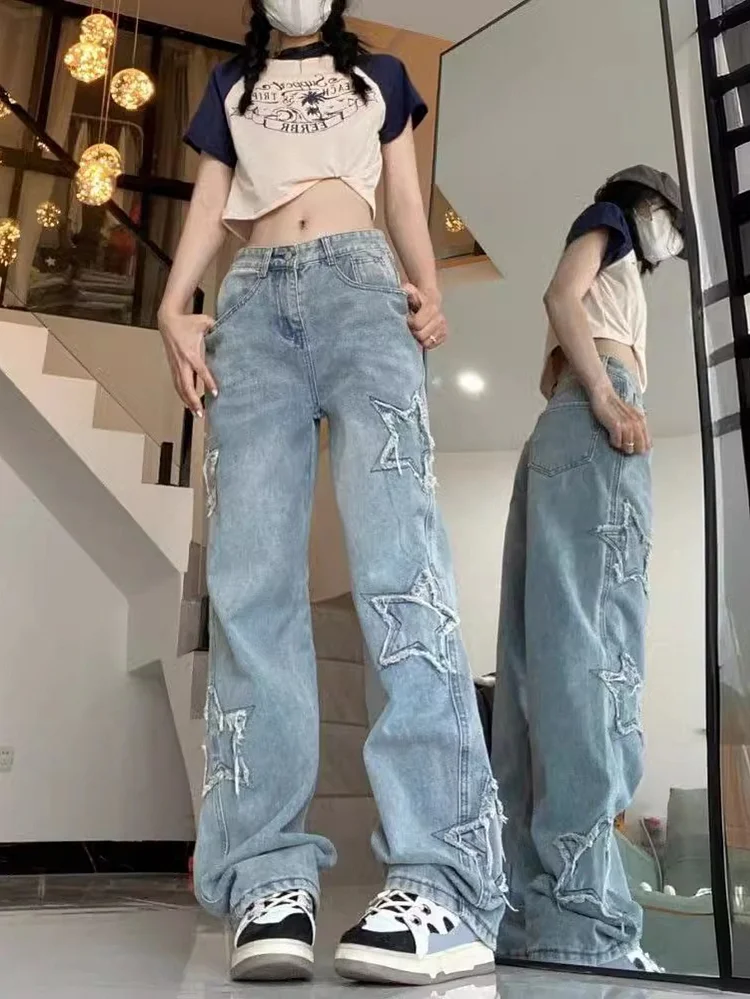Women's Retro High-Waisted Embroidered Star Patch Denim Jeans - Loose Wide-Leg Straight-Leg Mop Pants With Pockets, Machine Washable For Spring Summer Fall Casual Outfits, Embroidered Jeans, Relaxed Fit Jeans, Durable Fabric Jeans, Casual Attire