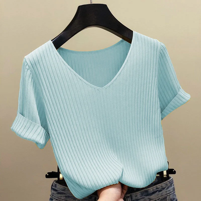 Ice Silk V-neck Solid Color Knitted Sweater Female Short-sleeved Rib Was Thin Slim Decorative Jumpers Pullover Women Spring