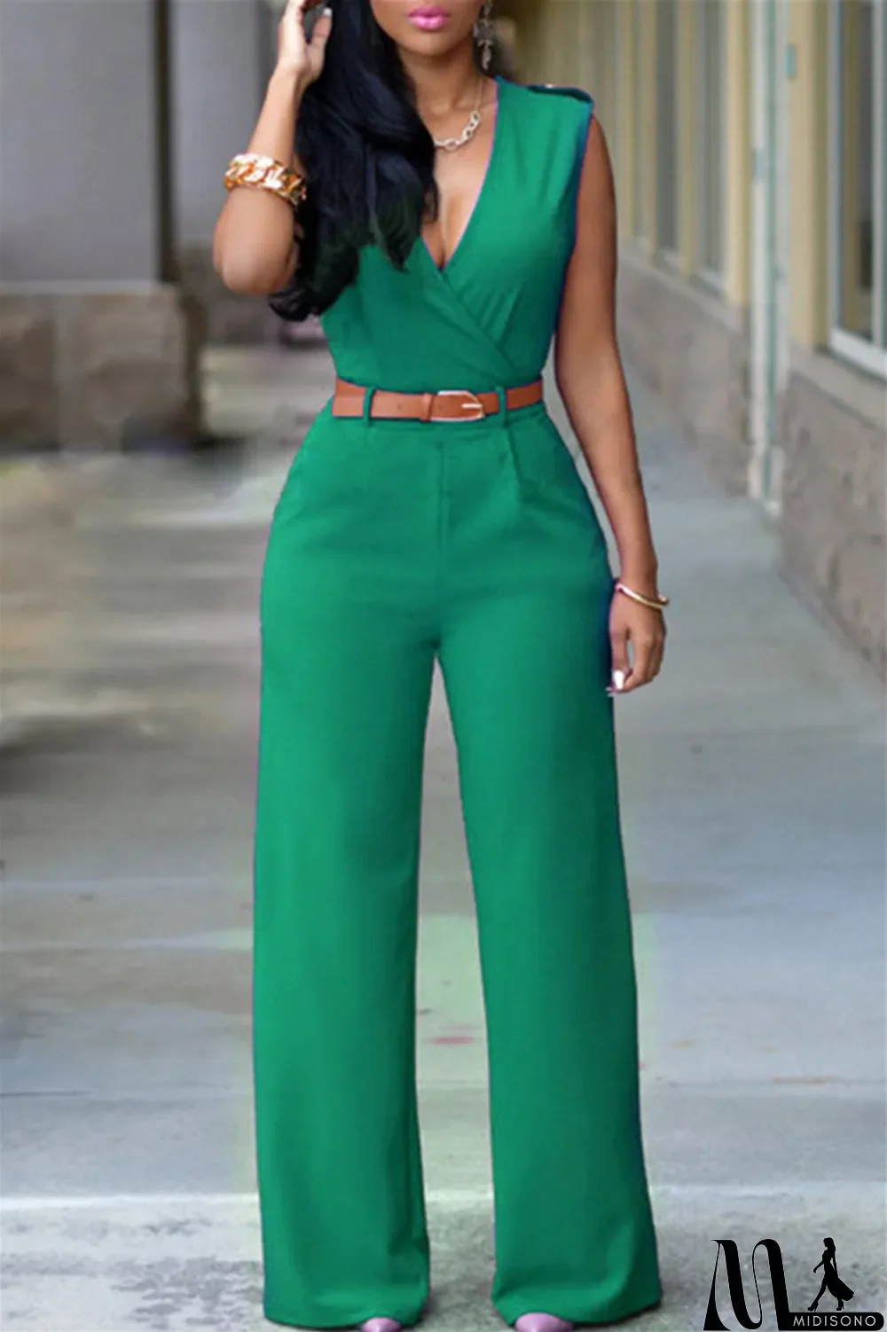 MidiSono - Green Fashion Casual Solid Patchwork With Belt V Neck Regular Jumpsuits