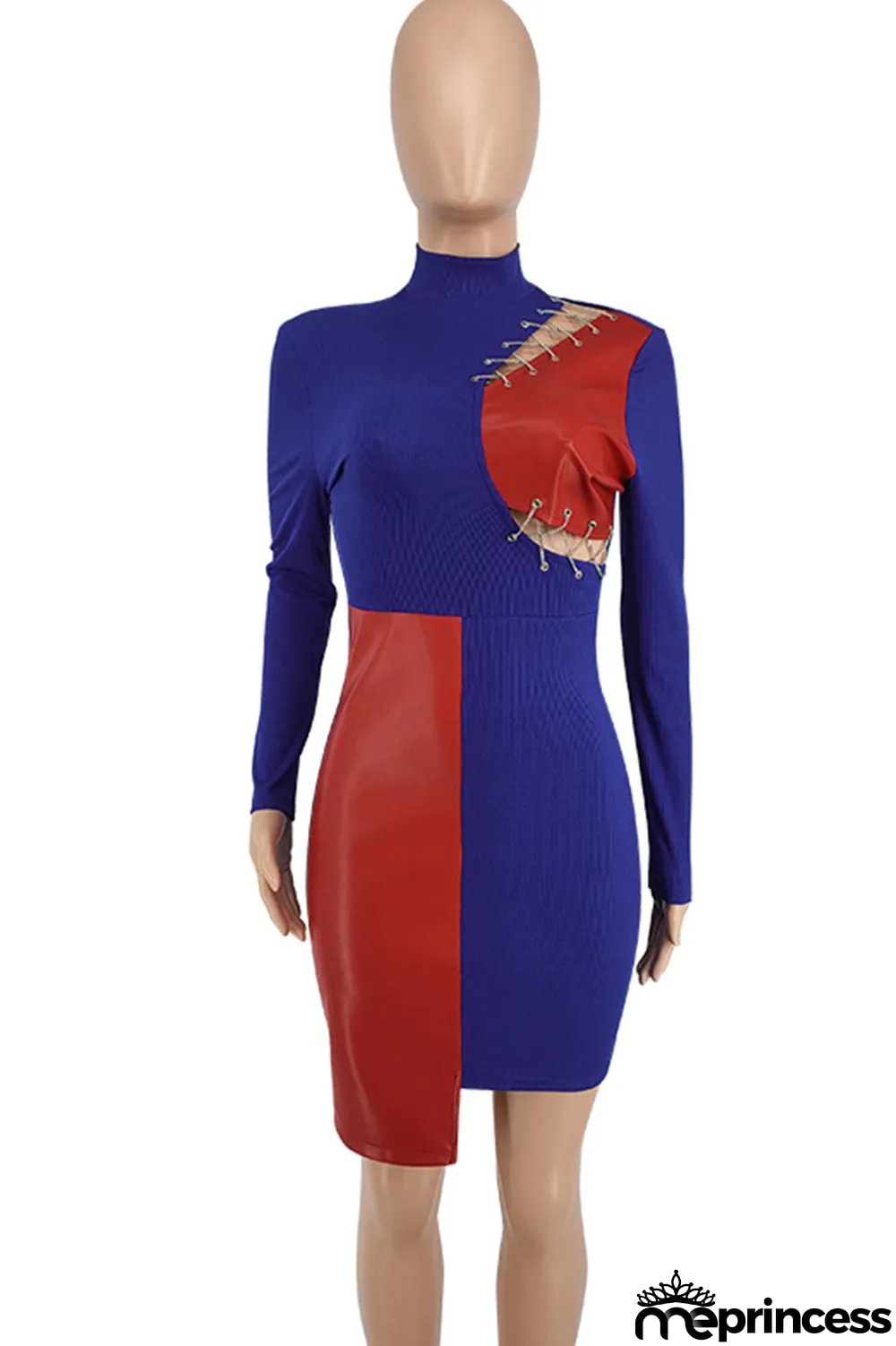 Red Fashion Sexy Patchwork Hollowed Out Asymmetrical O Neck Long Sleeve Dresses