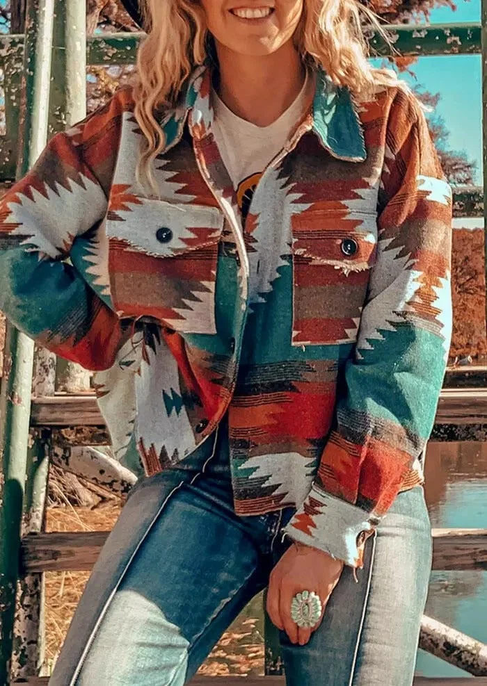Women's Aztec Jacket Geometric Slit Button Pocket Coat