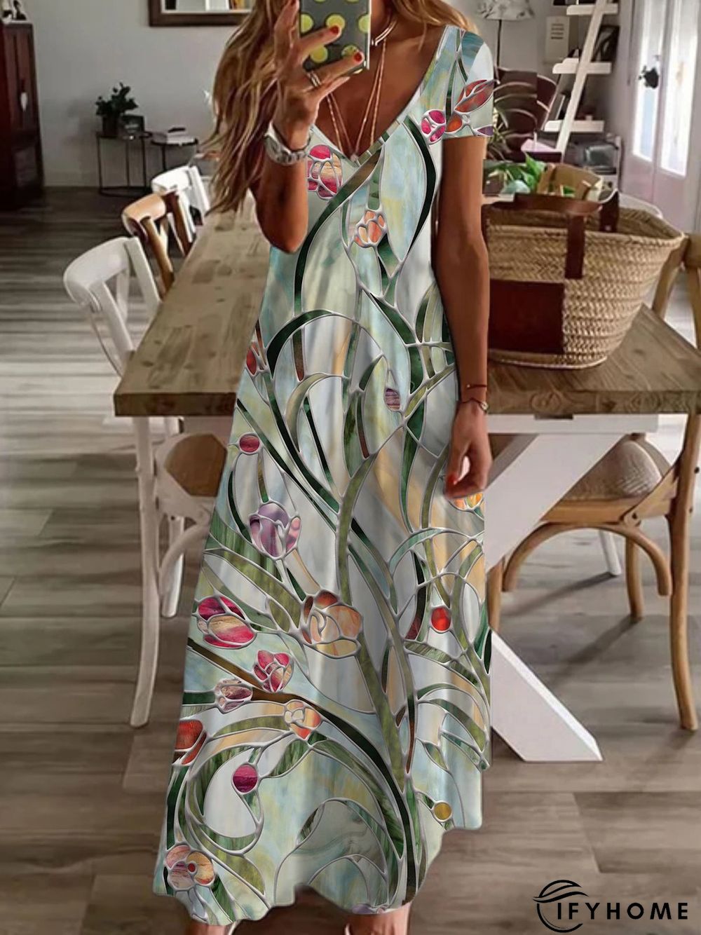 Women Casual Floral Autumn V neck Lightweight Long Short sleeve A-Line Regular Size Dresses | IFYHOME