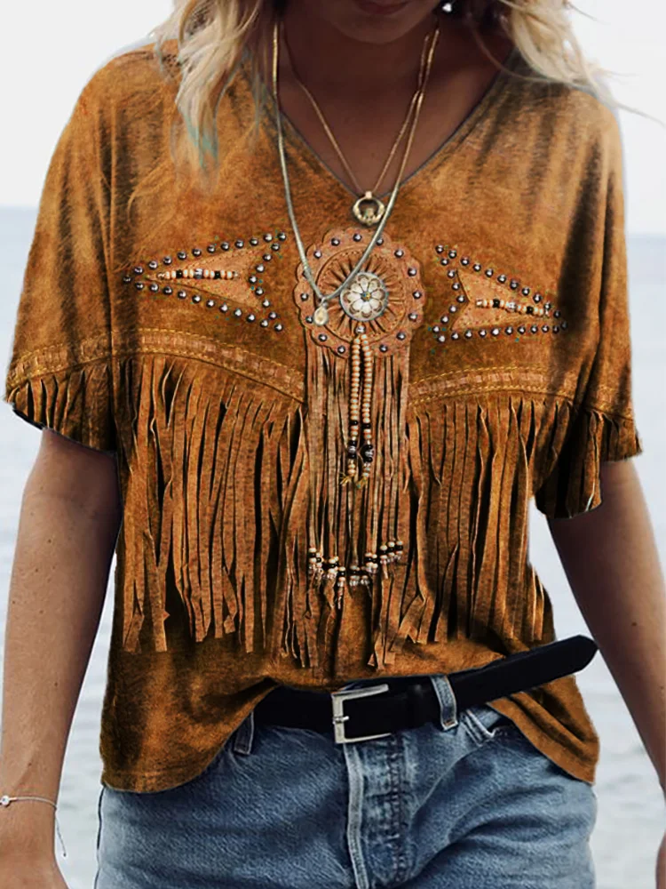 Western Leather Art Graphic V Neck T Shirt