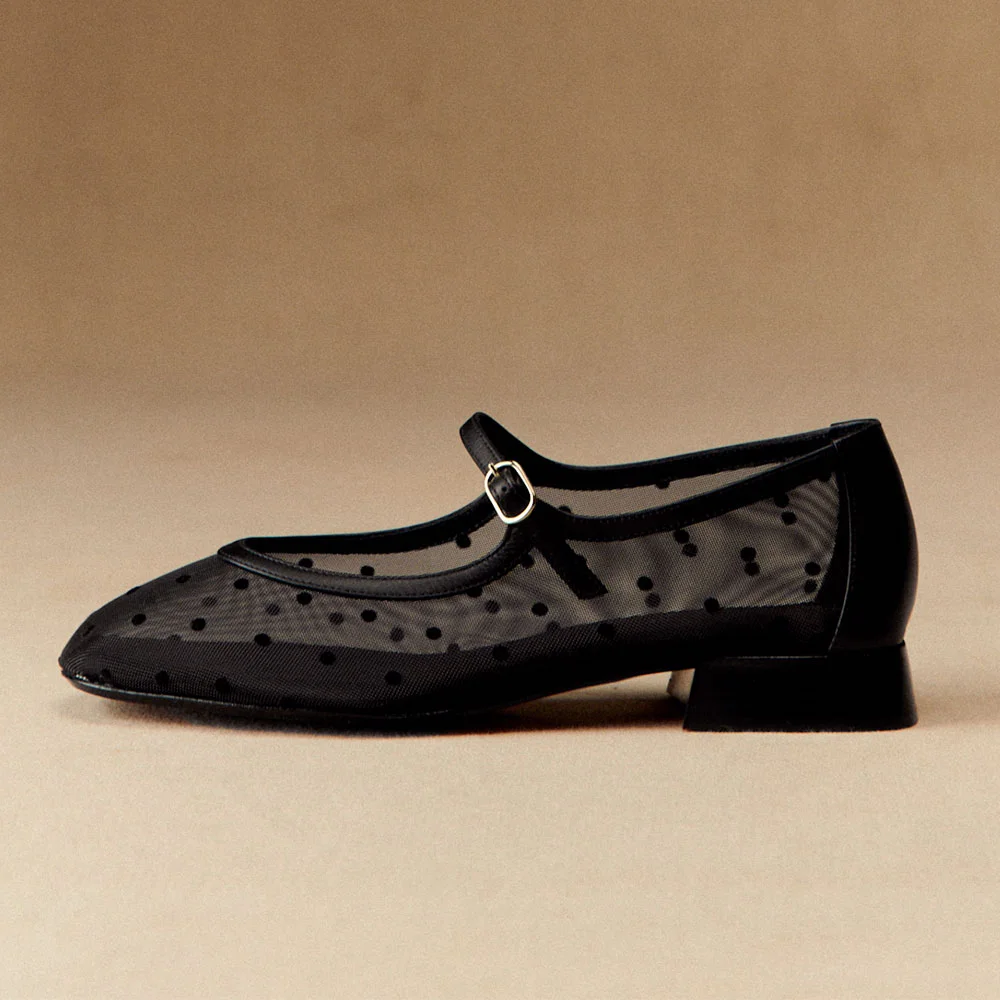 Black Square Toe Flat Polka Dot Women Mary Jane Shoes with Buckle