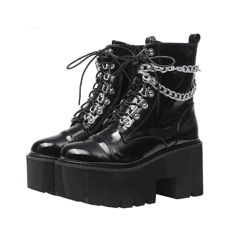 Patent Leather Gothic Boots Punk Style Chain Chunky Heel Platform Boots