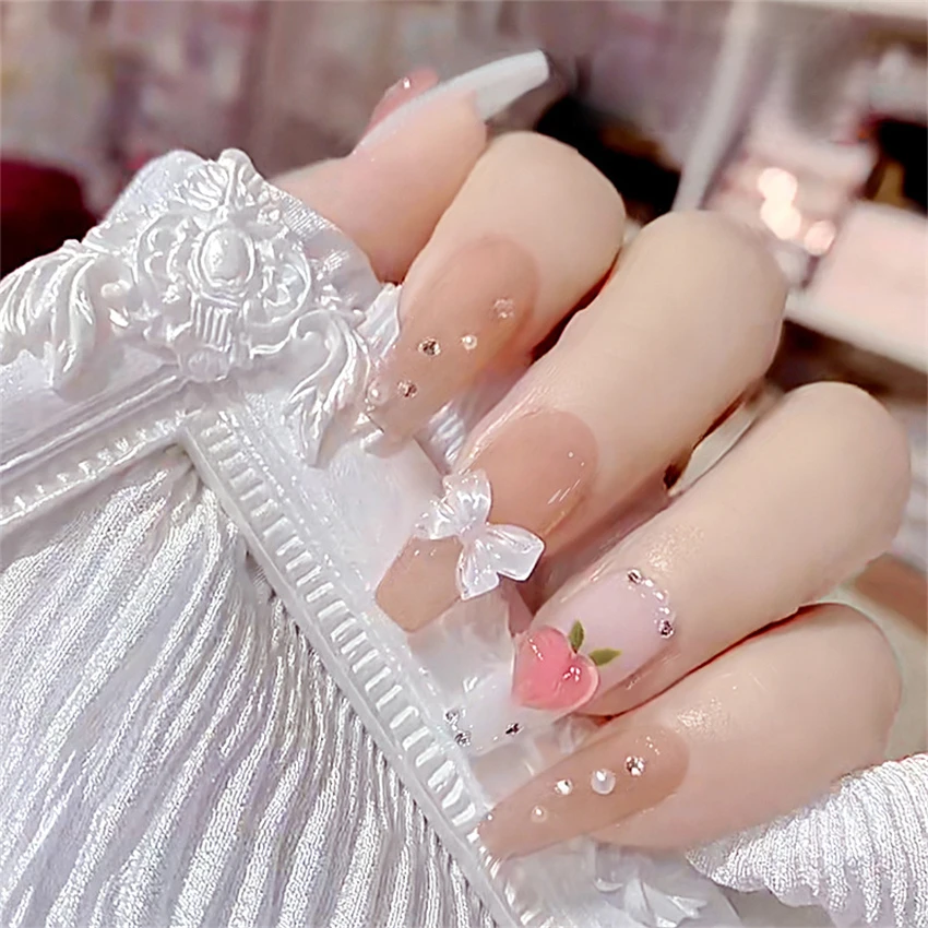 Bayuyun 24Pcs/Set Coffee Leopard French Fake Nails with Diamonds Japan Korean Artificial Acrylic Press on Nails Removable Stick on Nails