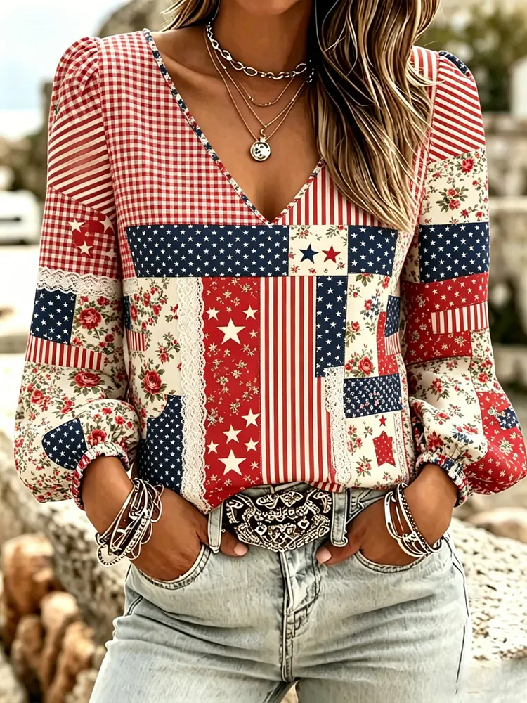 Women's American Flag Floral V-Neck Long Sleeve Top 