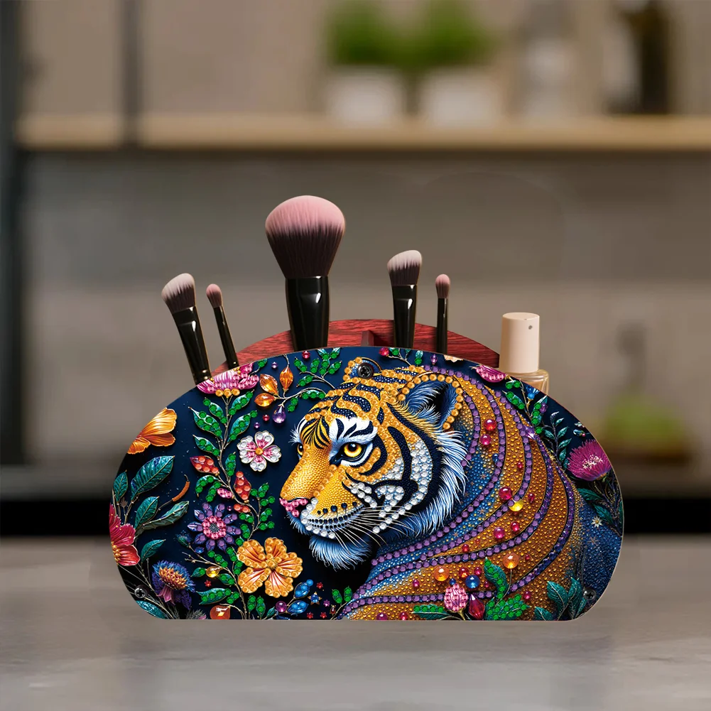 DIY Gem Tiger Design Wooden Diamond Painting Makeup Brush Storage Box Organizer