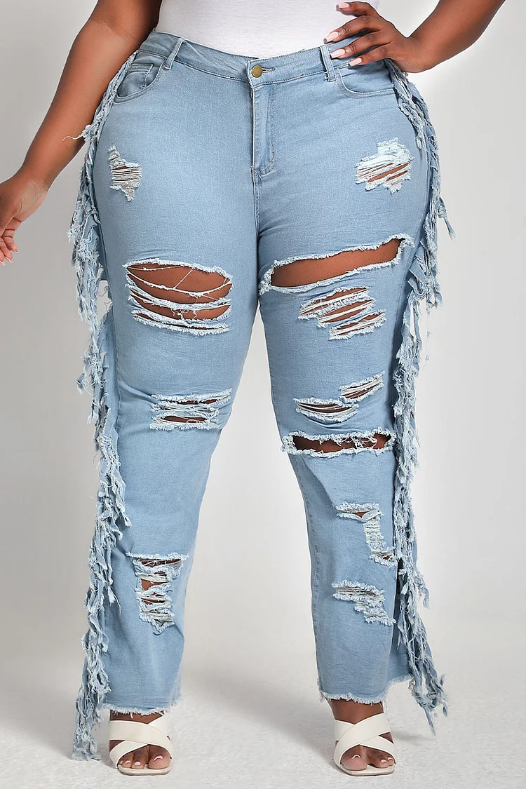 Xpluswear Design Plus Size Blue Denim Hole Fringe Distressed Jeans