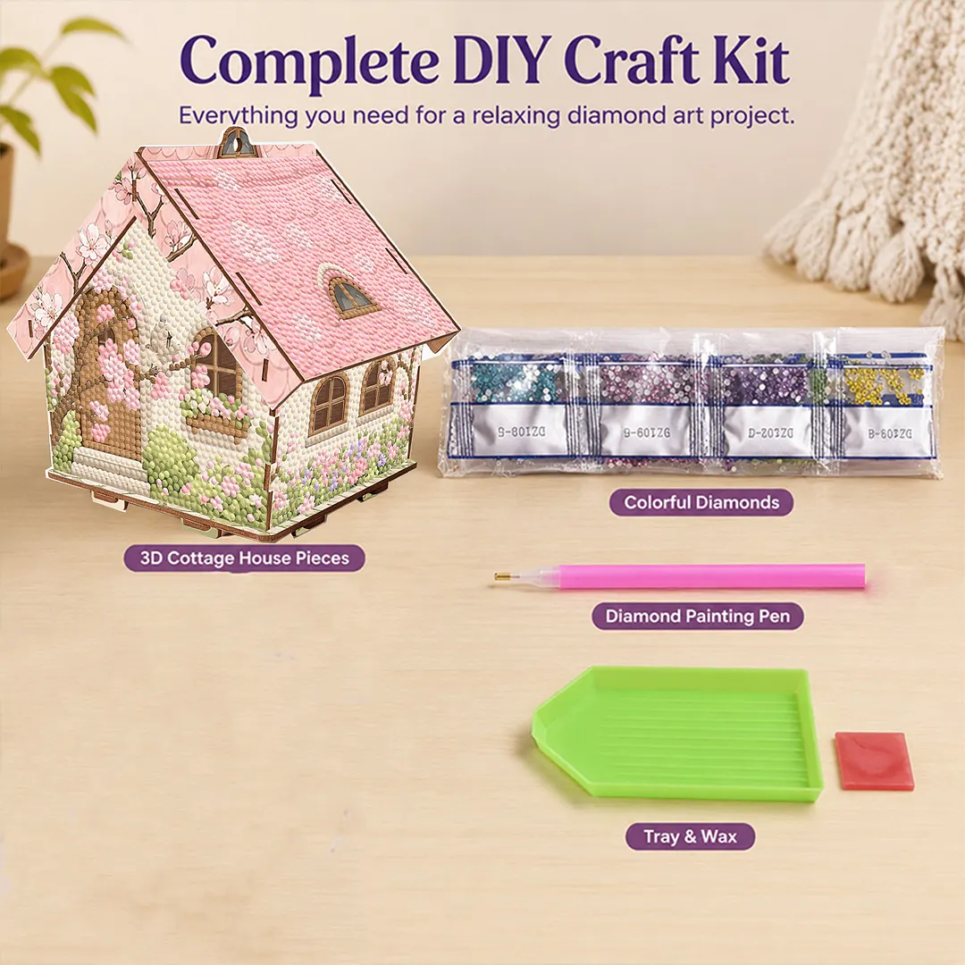 DIY Wooden House Diamond Art Painting Kit for Adults Home (Pink House)