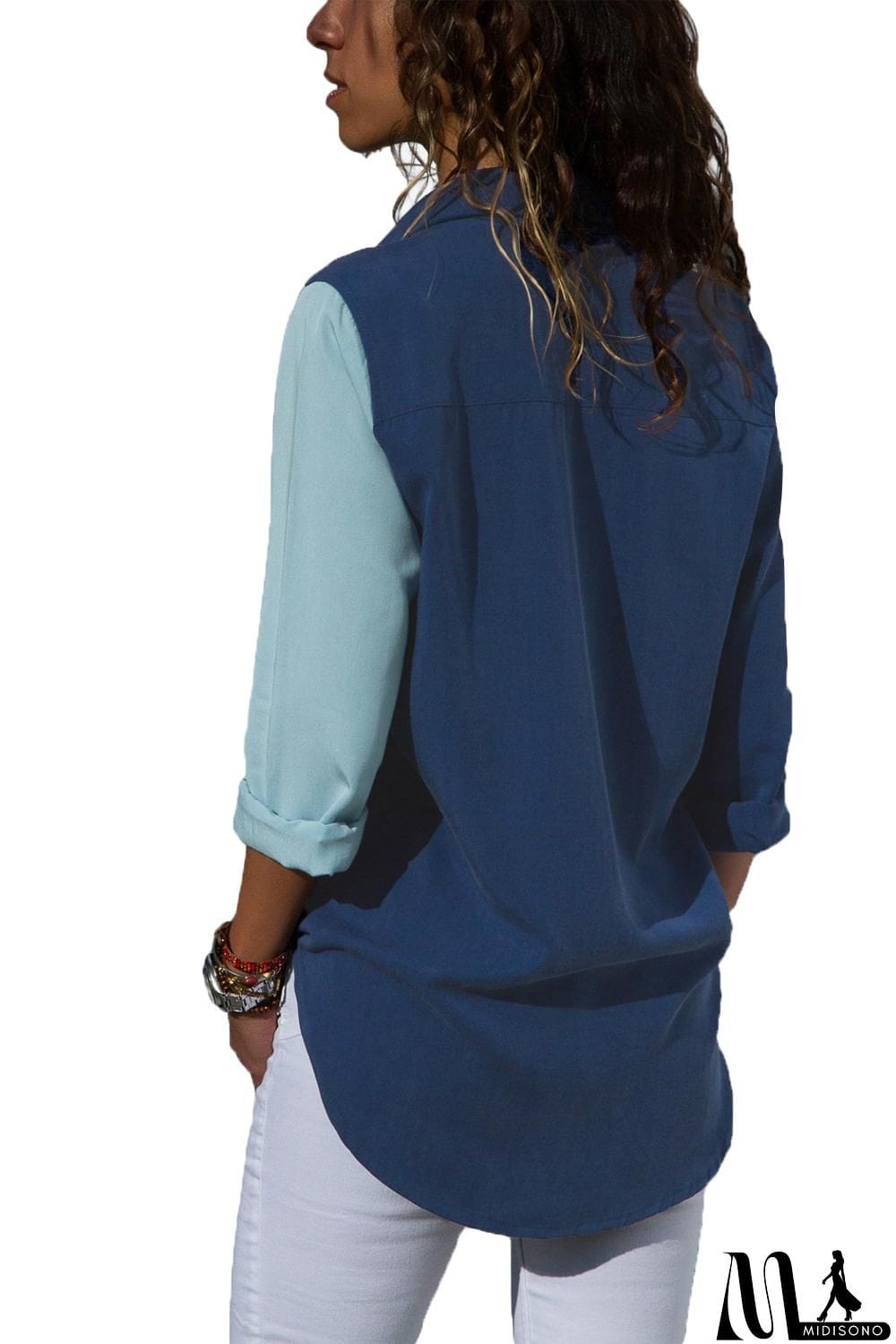 MidiSono - Navy Blue Color Block Long Sleeve Button Up Shirt