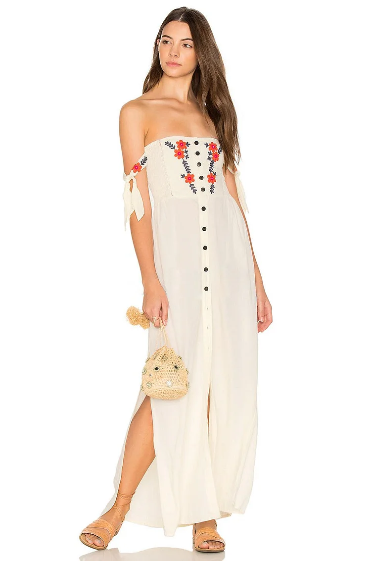 Women Dresses Bohemian Embroidered Flower off-the-Shoulder Dress