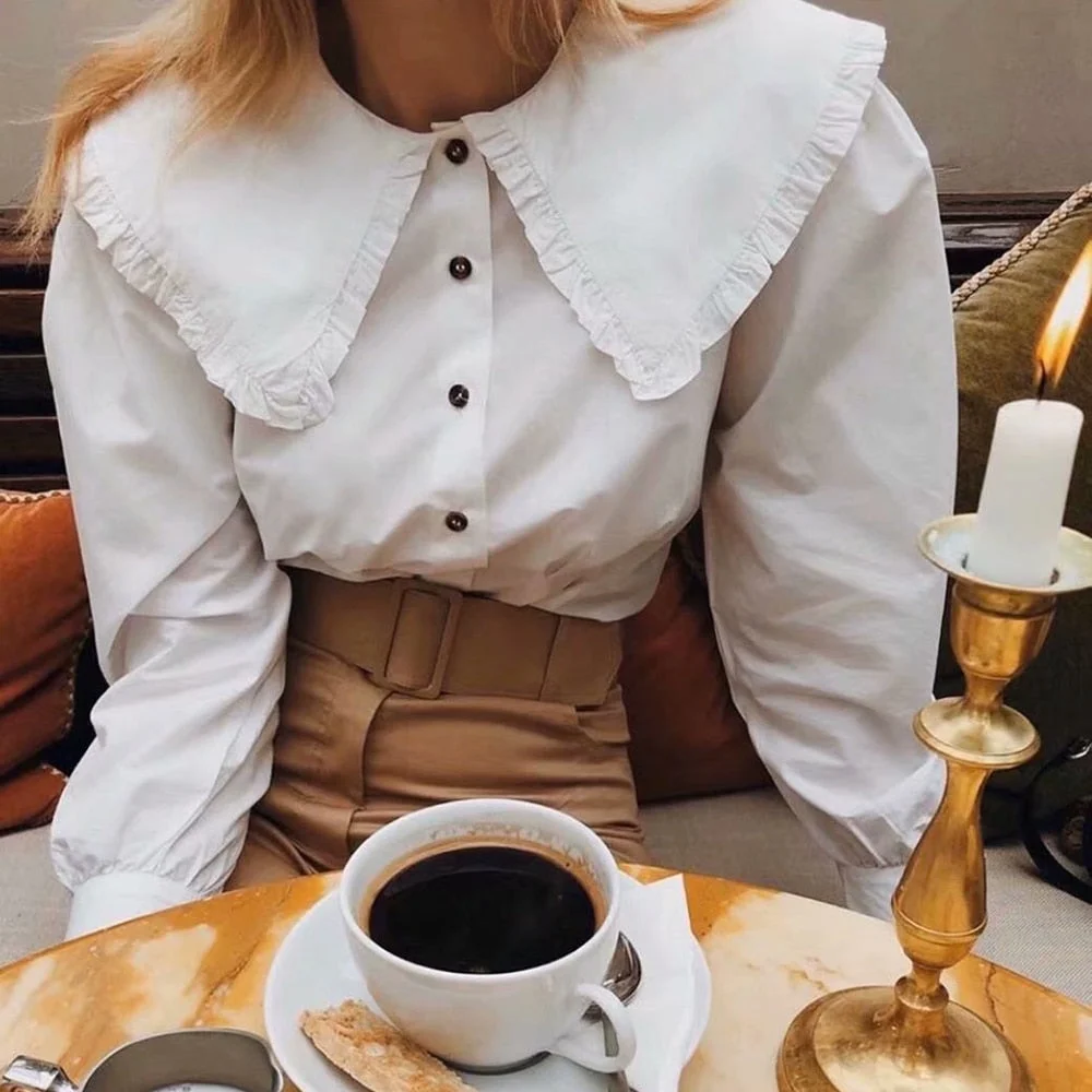 Womens Tops And Blouses French Style Puff Sleeve Peter Pan Big Collared Shirts Women White Button Up Fashion New Blouse 2021