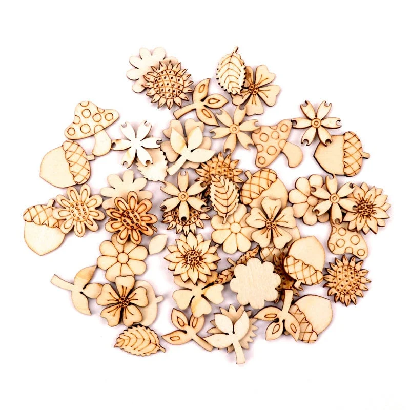 Home Decoration Handmade Accessory Scrapbooking Craft DIY Natural Flower Leaves Pattern Wooden Embellishment 24-30mm 50pcs