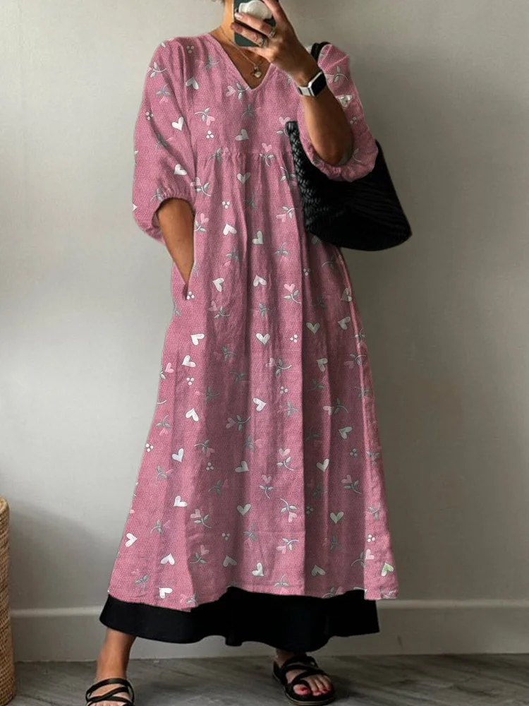 Pink Floral Print Pocket V-neck Cotton Dress