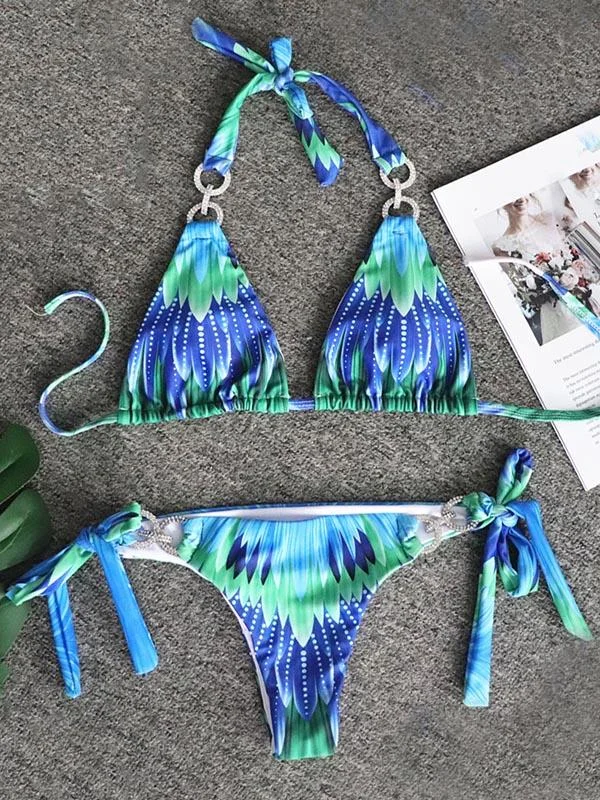 Gorgeous Embellished Bandage Gradient Split Bikini Swimsuit