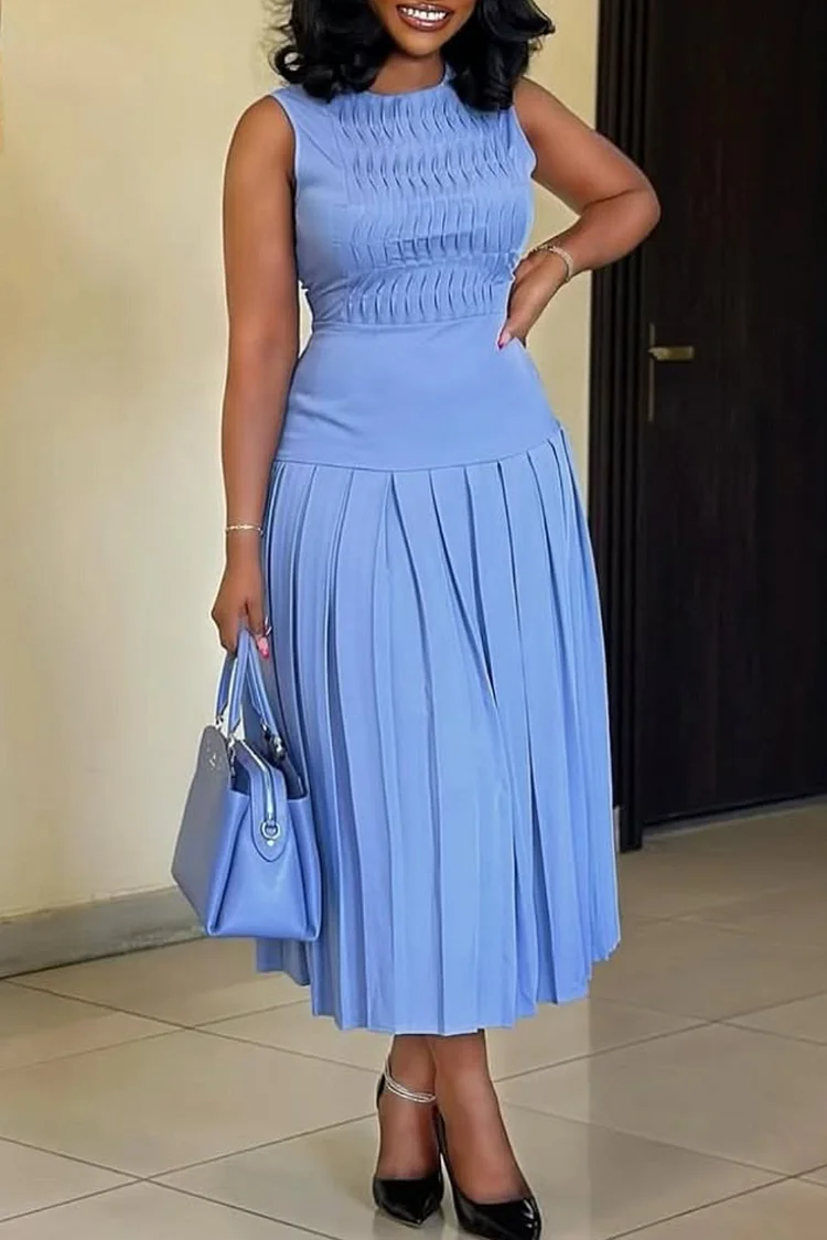 Plus Size Business Casual Blue Elegant Round Neck Fold Pleated Midi Dresses [Pre-Order]
