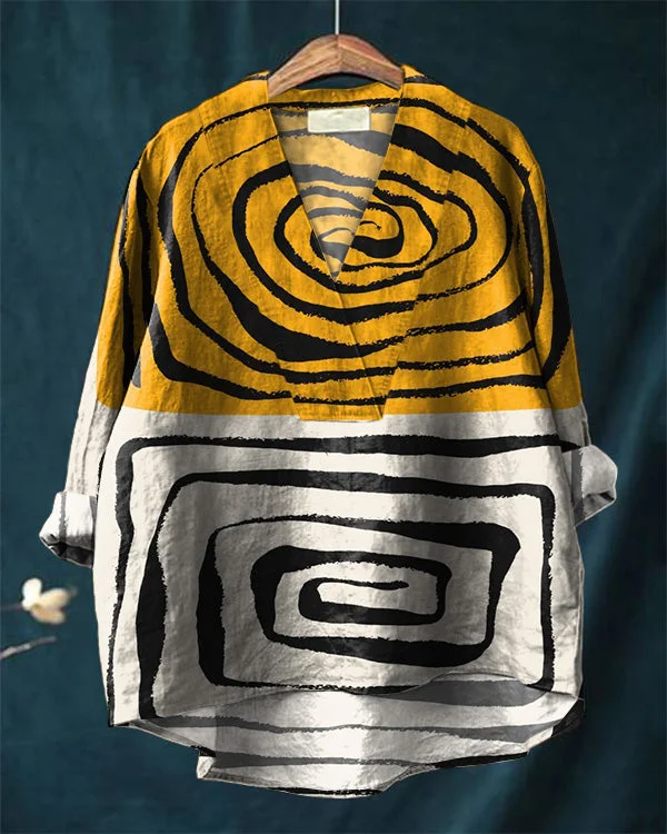 Vintage Abstract Geometric Art Print Loose V-Neck Cotton and Linen Shirt