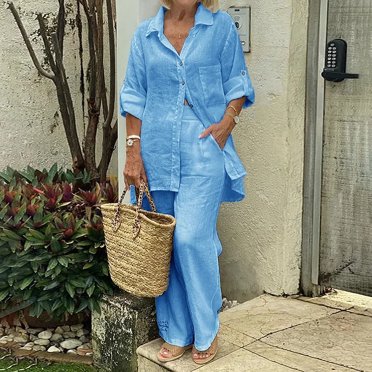 VChics Solid Color Shirt And Pants Two-Piece Set