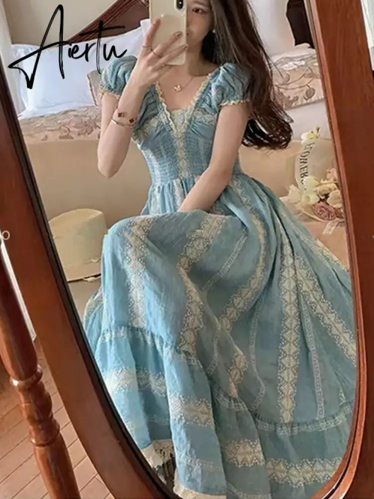Aiertu  New Fashion Vintage Embroidered Summer Dress Women's Sexy V-Neck Puff Short Sleeved Slim Mid Length Dresses Vestidos Aiertu
