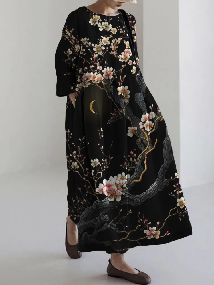 Cherry Blossom Night Japanese Art Linen Blend Maxi Dress
