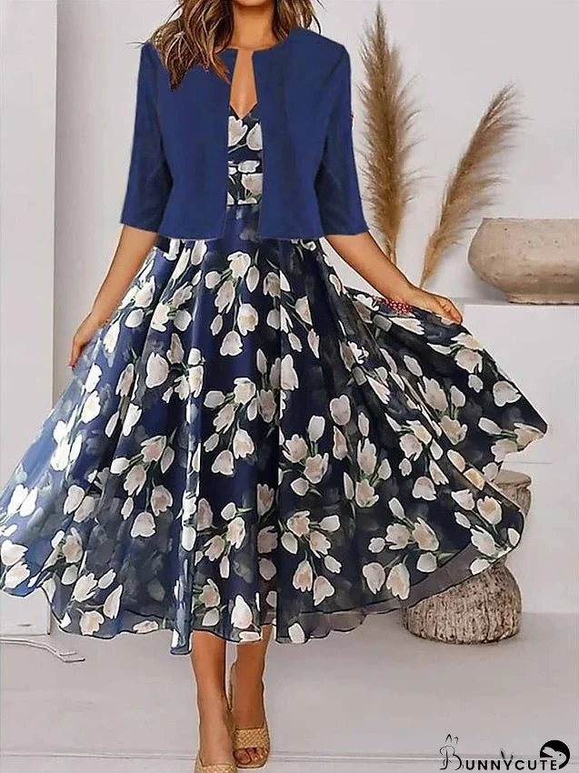Women's Two Piece Dress Set Casual Dress Chiffon Dress Outdoor Daily Fashion Elegant Print Midi Dress V Neck Half