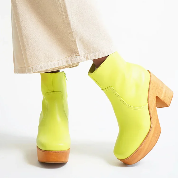 Yellow Platform Booties Round Toe Chunky Heel Zipper Ankle Boots |FSJ Shoes