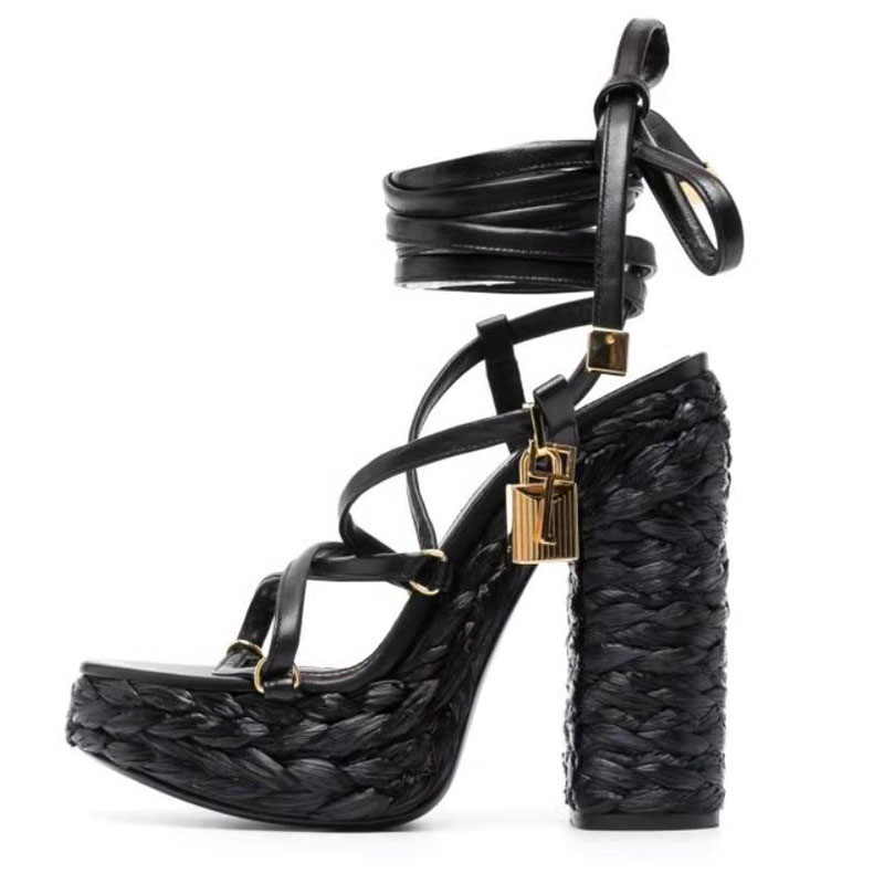 Lock Weave Gladiator Sandals Woman Open Toe Black Real Leather High Heels Lady Party Shoes