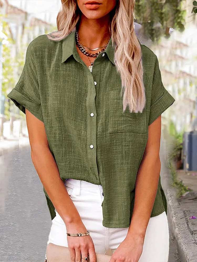 Women's Solid Color Pocket Short Sleeve Cotton Linen Shirt socialshop